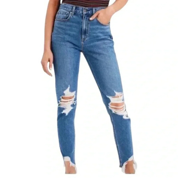 American Eagle Mom Jeans High Waisted  Distressed Ripped Blue Size 00 - Picture 1 of 13